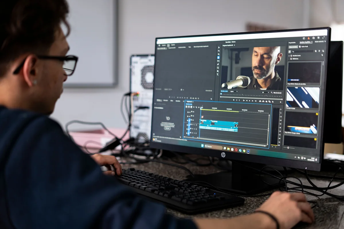 Freelance video editor working at a professional post-production workstation